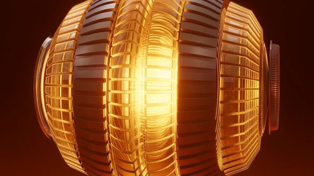 Large metallic sphere with segmented surface and glowing orange core in dark environment