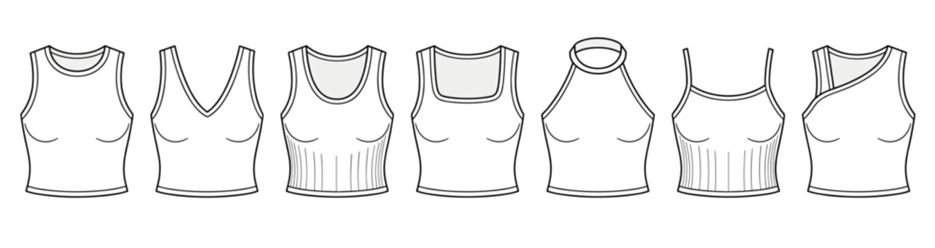 Set of women ribbed crop camisoles and halternecks with various necklines, fashion flat sketch vector illustration technical drawing template, cad mockup summer tops
