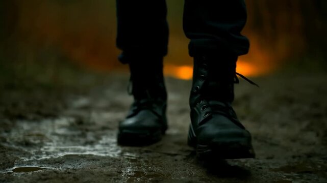 Black combat boots standing on muddy forest path with orange fire glow