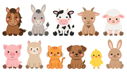 Fototapeta premium Cute Cartoon Farm Animals and Domestic Pets Vector Illustration Set Featuring Baby Horse Donkey Cow Goat Sheep Pig Alpaca Cat Dog Chick and Bunny Characters