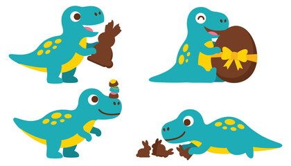 Cute Cartoon Easter Dinosaur Vector Character Set with Adorable Tyrannosaurus Rex Eating Chocolate Bunnies and Holding a Huge Easter Egg with Bow © Ridoy