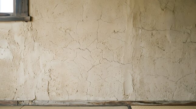 Weathered beige clay plaster wall showing deep cracks and unique organic textures captured in soft natural indoor ambient light