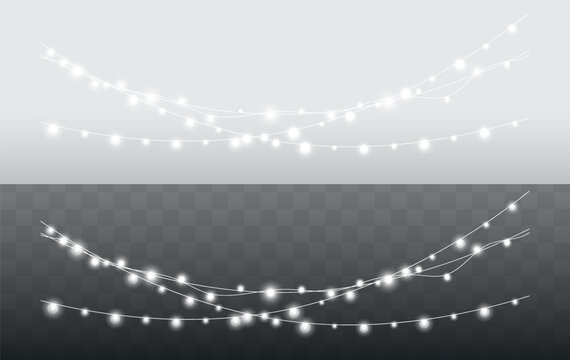 Set of White Festive String Light Garlands on Light and Transparent Background