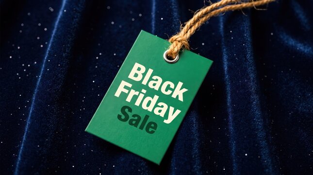 Green paper price tag featuring bold white text advertising a black friday sale event set against dark blue textured fabric