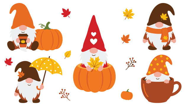 Cute Autumn Gnomes Vector Illustration Set with Scandinavian Tomte Characters Pumpkins Maple Leaves Umbrella Coffee Cup and Cozy Fall Seasonal Elements