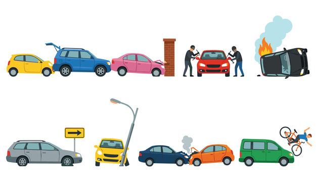 Car Accident Collision and Auto Emergency Vector Illustration Set with Pileup Crash Rollover Fire Vandalism Pole Hit and Bicycle Mishap Elements