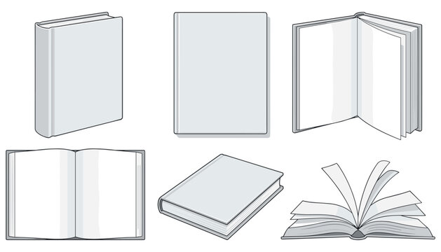 Blank Book Template and Mockup Vector Illustration Set with Open Closed Upright and Perspective Views for Editorial Publishing and Graphic Designs