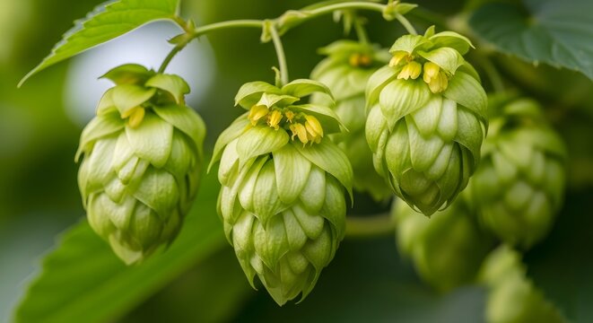 Green hop cones growing on a vine with soft natural light and a blurred background in a garden setting