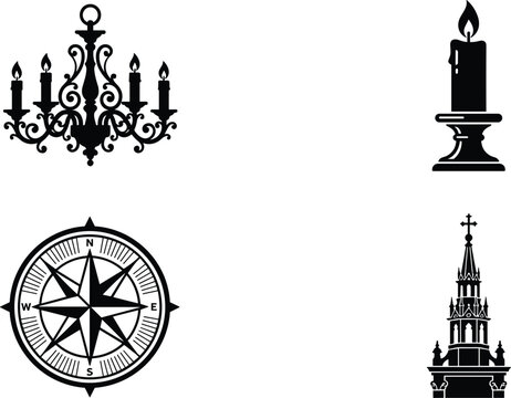 Gothic vintage solid silhouette icon bundle featuring ornamental chandelier burning candle nautical windrose compass and cathedral tower vector