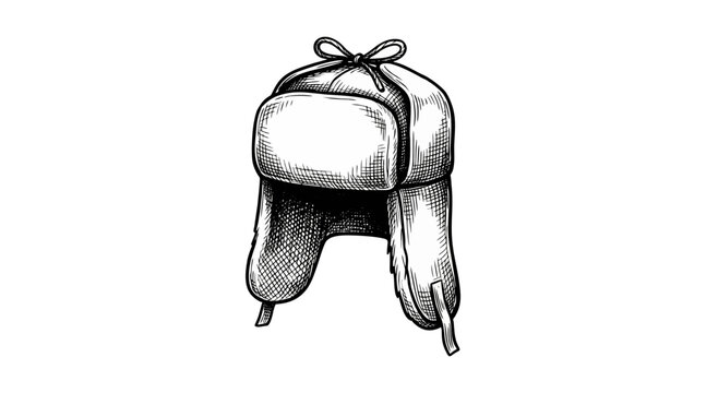 Black and white sketch of a traditional Russian ushanka hat with ear flaps