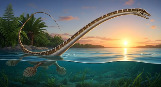 Long necked plesiosaur emerging from tranquil ocean waters during a golden sunset with lush tropical foliage