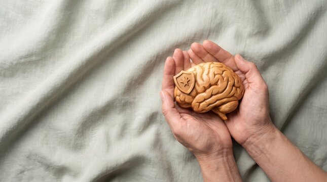 Wooden model of human brain with protective shield symbol held gently in soft hands against a light wrinkled linen texture