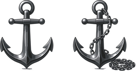 Heavy dark iron marine anchor vector illustrations set with plain option and chained option for nautical ocean branding © MDMOSTOFA