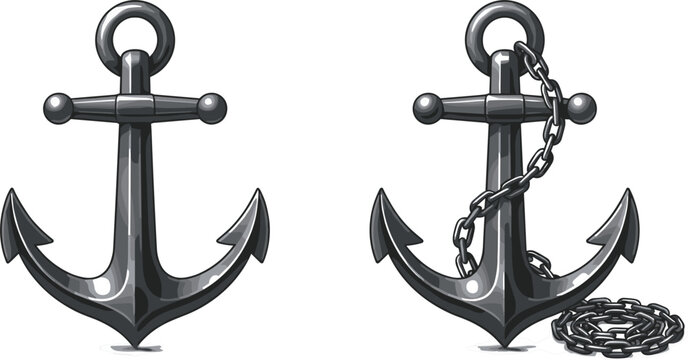 Heavy dark iron marine anchor vector illustrations set with plain option and chained option for nautical ocean branding