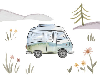 Obraz premium Vintage Camper Van in Nature Illustration Isolated on White 