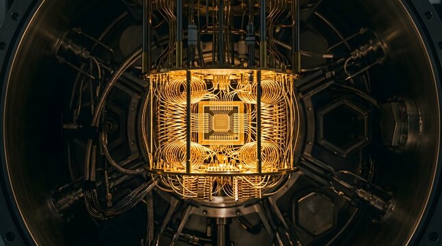 Intricate quantum processor unit glows with golden metallic wiring inside a sophisticated hardware structure featuring complex spiraling copper cooling pipes