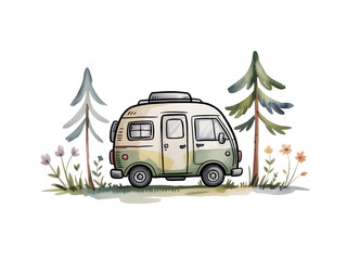 Obraz premium Vintage Camper Van in Nature Illustration Isolated on White 