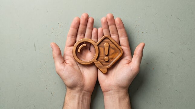 Wooden search icon with exclamation mark held securely in two open hands against a soft neutral grey textured studio background
