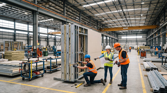Professional construction team working on modular wall panels in a modern industrial factory.