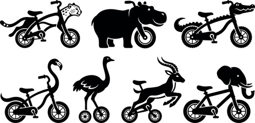 Creative animal bicycle silhouette vector set featuring safari animals as fun kids bikes