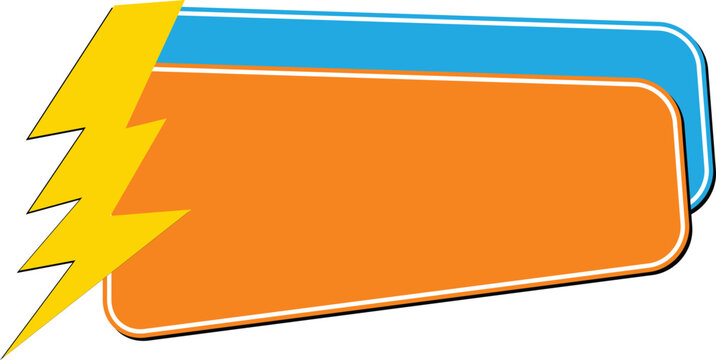 Colorful promo banner template with a yellow lightning bolt. Tilted orange and blue text boxes offer space for headlines. Graphic vector layout for energetic sales and special offers.
