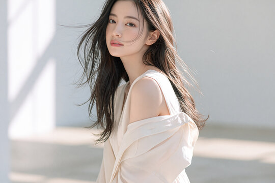 透明感のある白い肌の女性。ニュートラルトーンの背景。