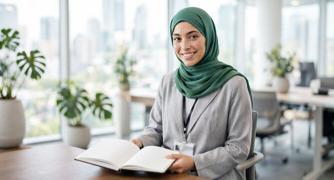 Smiling muslim woman wearing a green hijab and grey blazer holding an open book at a desk in a bright modern office with plants and large professional business employee corporate workplace