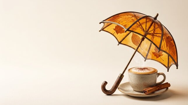 Cozy amber glass hygge umbrella concept sheltering a cup of steaming cappuccino with a cinnamon stick, leaf stained glass canopy, clean creamy ivory studio background with copy space for cafe