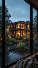 Fototapeta premium Raindrops on a window pane with a blurred villa in the background during a rainy night scene