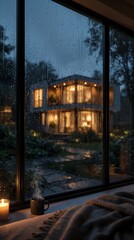Fototapeta premium Raindrops on a window pane with a blurred villa in the background during a rainy night scene