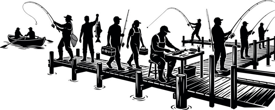 Fishermen silhouette vector set fishing on wooden pier with rods boat and caught fish