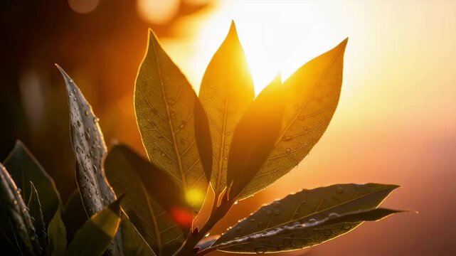 Backlit leaves with dew and glowing sunlight at sunrise: a closeup of plant foliage in golden hour bokeh, nature's warm morning glow.