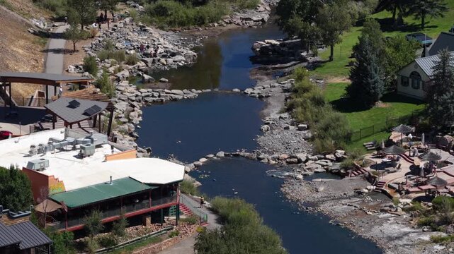 Aerial of San Juan river recreation and hot spring resort in Pagosa Springs Colorado in summer
