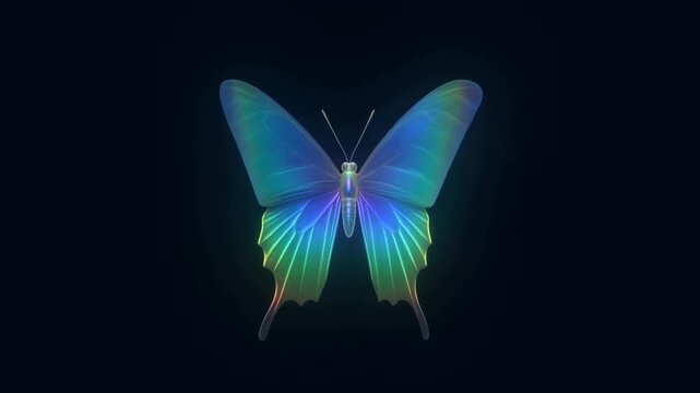 Iridescent butterfly spreading glowing rainbow wings in dark void