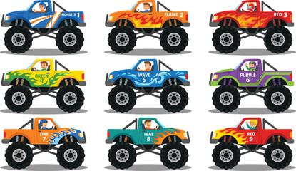 Monster Truck Vector Icon Set with Big Wheels and Flame Decals for Kids Toy Packaging Racing Tournament Posters and Extreme Motorsport Designs © Hazara