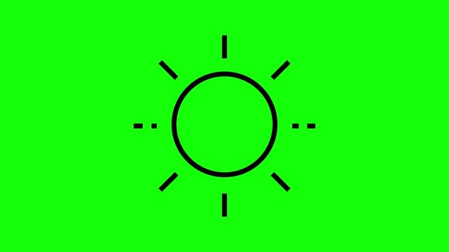 Black line art sun icon animation with rotating radiating rays on a bright green screen chroma key background