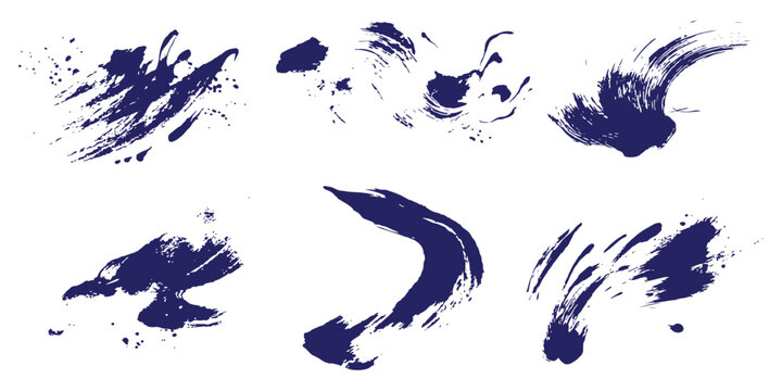 Collection of dynamic blue brush strokes and ink paint splashes isolated on white background vector illustration.