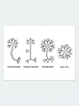 Educational Diagram of Nerve Cell Types Including Motor Neuron, Sensory Neuron, Interneuron, and Glial Cell Line Art