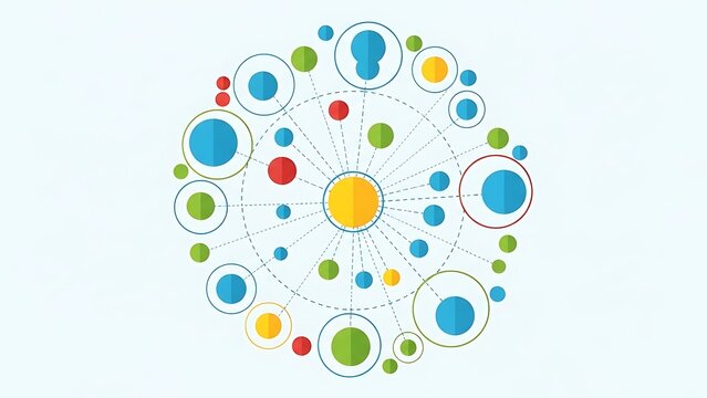 Circular network diagram with connected colorful circles and dotted lines