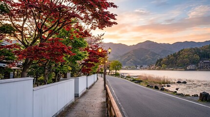 Fototapeta premium Vibrant Autumn Trees by Seaside Road at Sunset