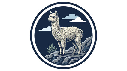 Naklejka premium Alpaca landscape illustration within a circular badge frame.