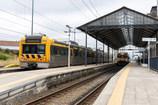 Valenca, Portugal; july 10, 2026: portuguese cp trains stopped at valenca do minho railway station platform