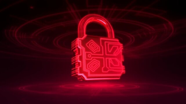 Glowing red padlock symbol representing digital security against a dark background