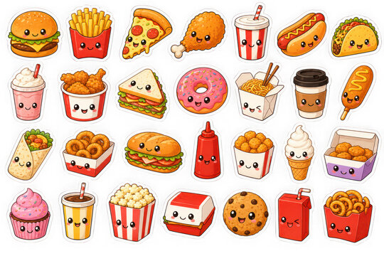 Set of cute fast food stickers isolated on transparent background