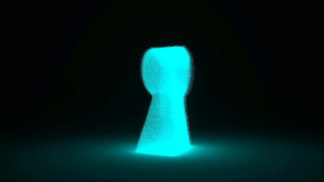 Glowing keyhole transforms into pawnshaped object against a dark background with cyan illumination