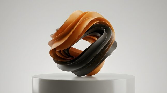 Twisted toroidal sculpture featuring smooth matte orange and dark charcoal surfaces creates a sophisticated and modern minimalist aesthetic for display