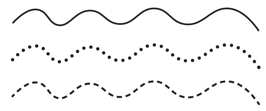 Set of three wavy lines solid dotted and dashed horizontal patterns with horizontal