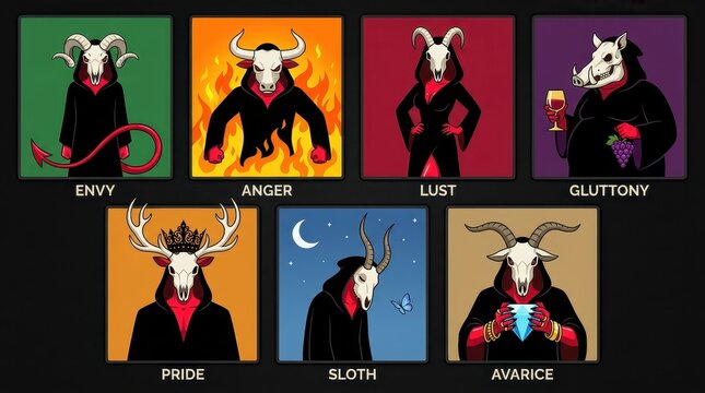 Seven Deadly Sins Illustration Set Featuring Animal Skull Figures for Envy Anger Lust Gluttony Pride Sloth and Avarice