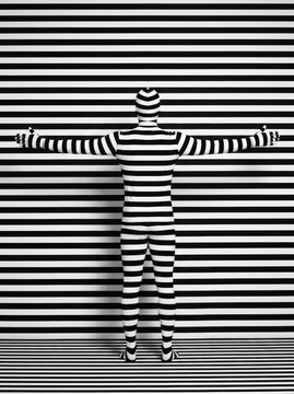 Person in Black and White Striped Suit Blending into Matching Striped Background Optical Illusion Conceptual Art