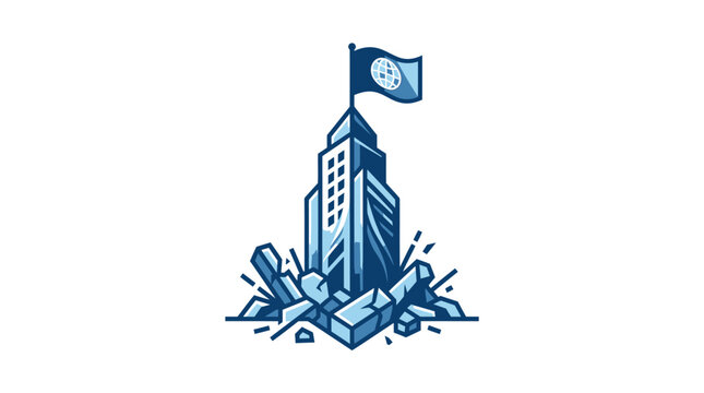 3D vector logo featuring a resilient skyscraper standing tall amidst debris